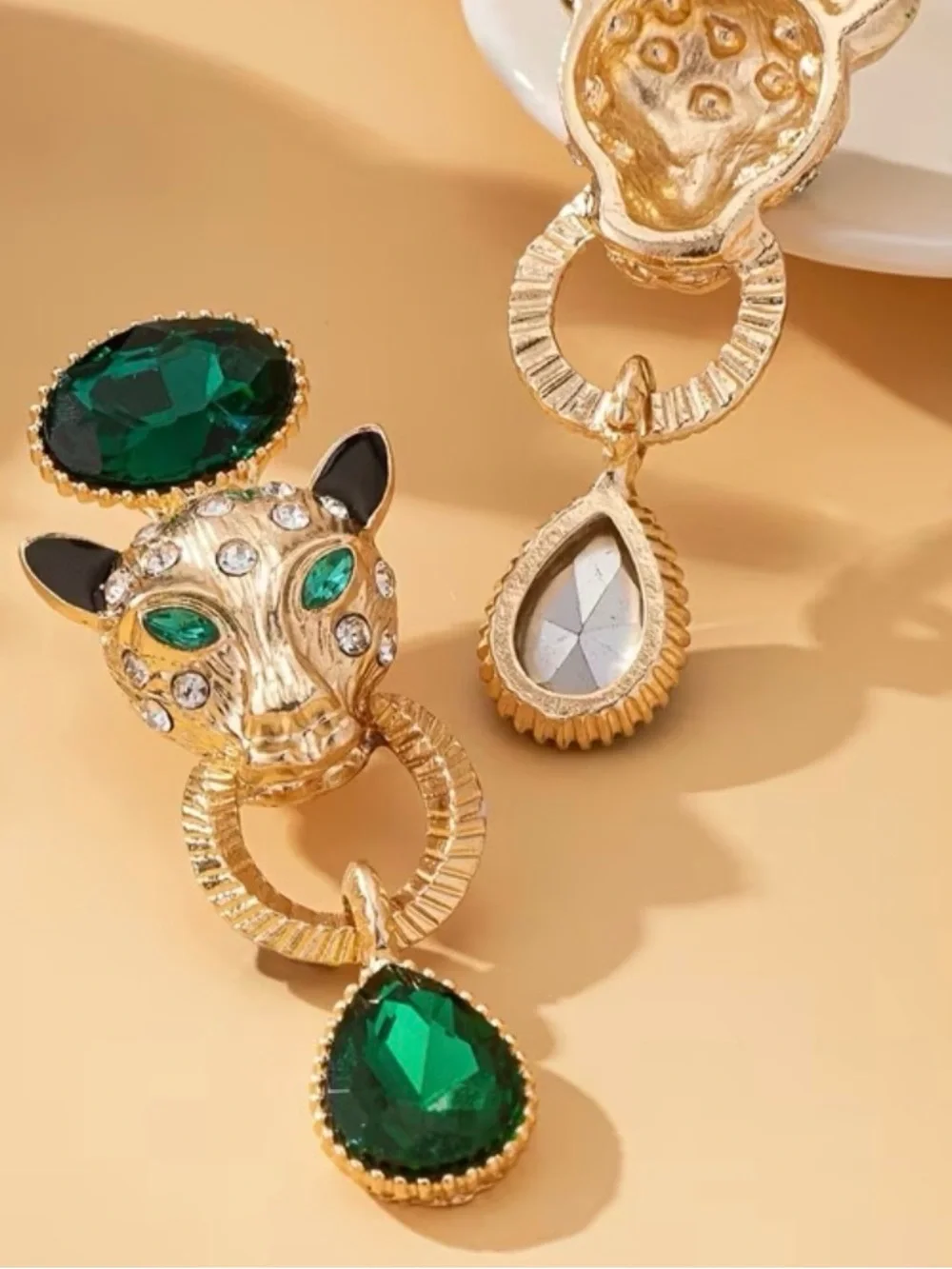 Gold Leopard Hoop Drop Earrings with Emerald Green Crystals - Women Jewelry